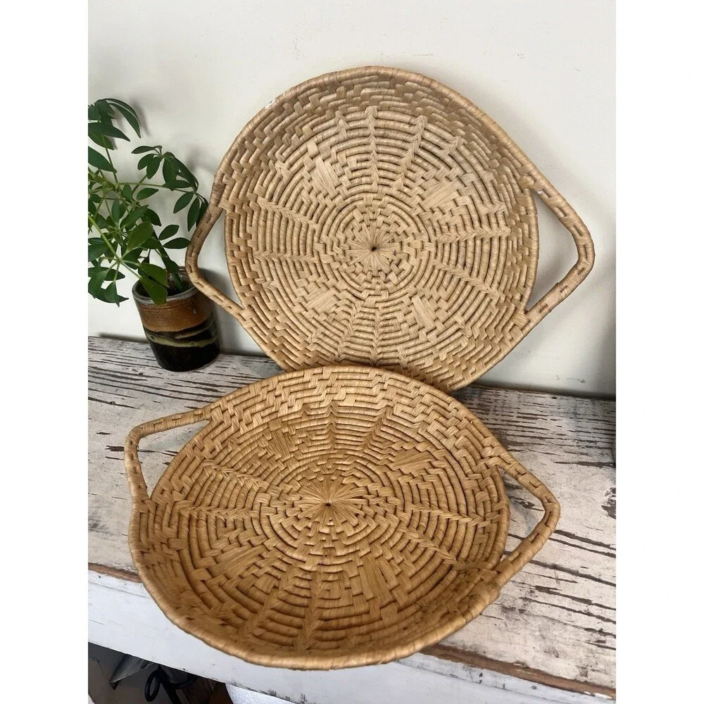 Vintage Woven Wicker Nesting Baskets Sunburst Pattern W/ Handles 14” x 11” Boho